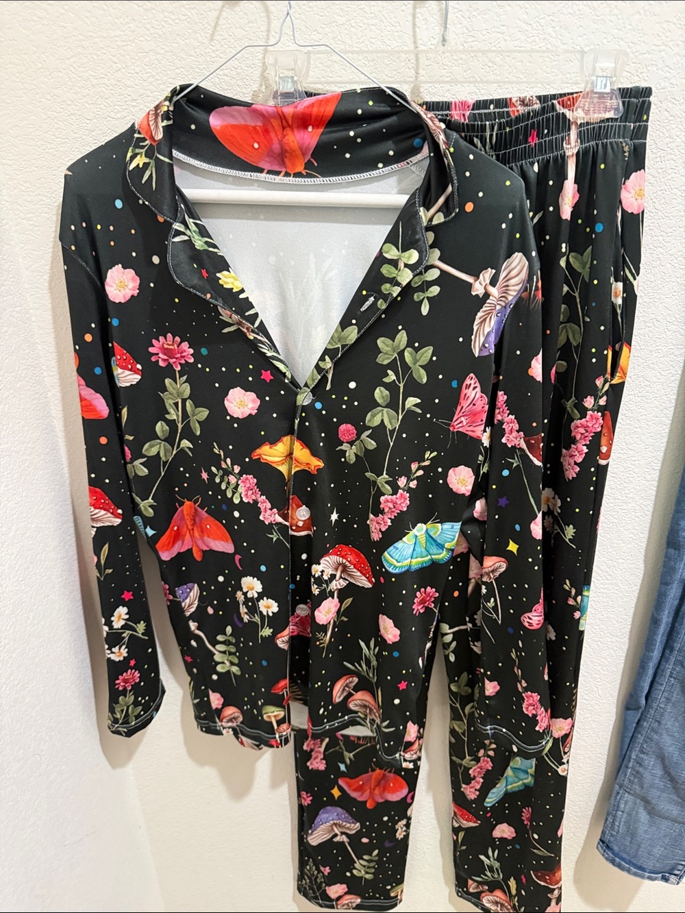 Black Floral & Moth Print Pajama Set - Women’s Lounge Pants & Top